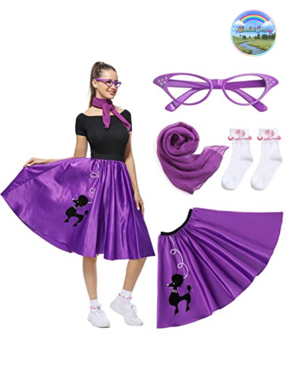 1950s Sock Hop Costume Set Poodle Skirt with Glasses Scarf Socks